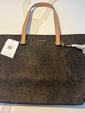 Calvin Klein Brown Monogram Tote with Tan Handles